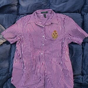 Ralph Lauren Men's Burgundy and White Striped Shirt